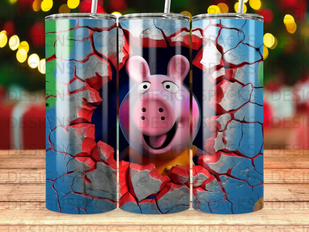 Peppa Pig peeking through a cracked, blue and red wall.