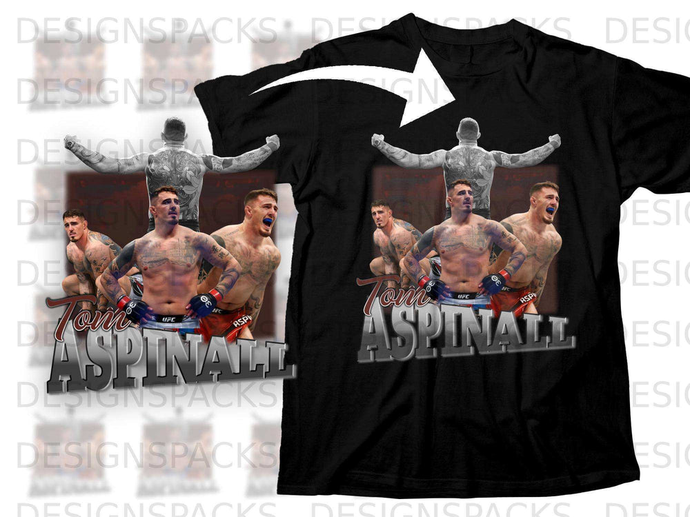 Black t-shirt with Tom Aspinall UFC graphic and logos.