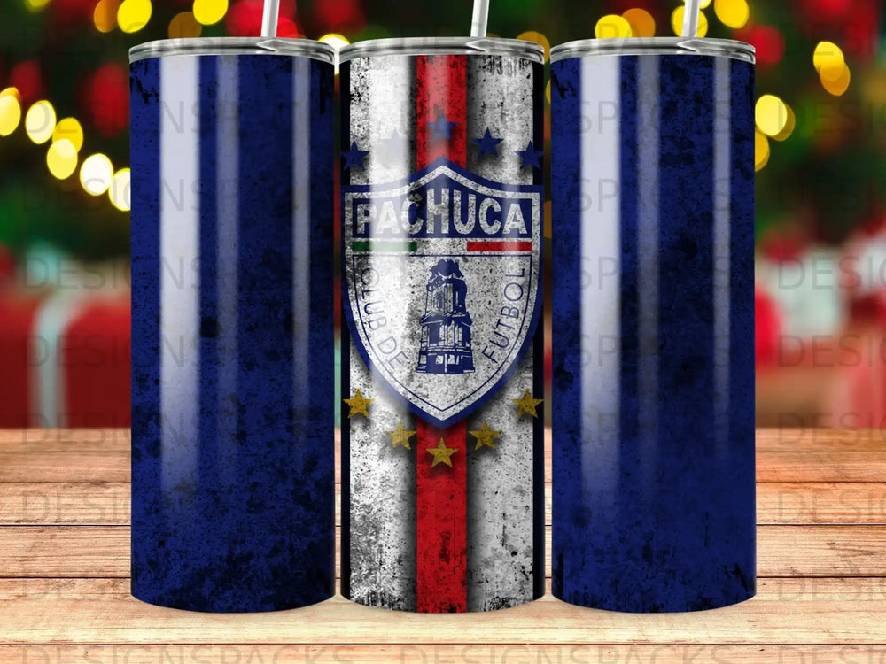 Pachuca soccer club logo on a textured blue and red tumbler.