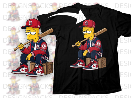 Bart Simpson wears a St. Louis Cardinals baseball uniform and sneakers, holding a bat.