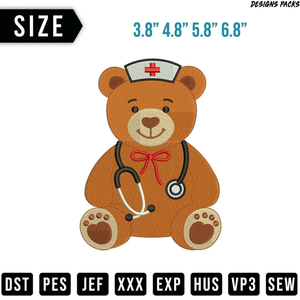 Teddy bear wearing a doctor's stethoscope and cap, available in multiple sizes.