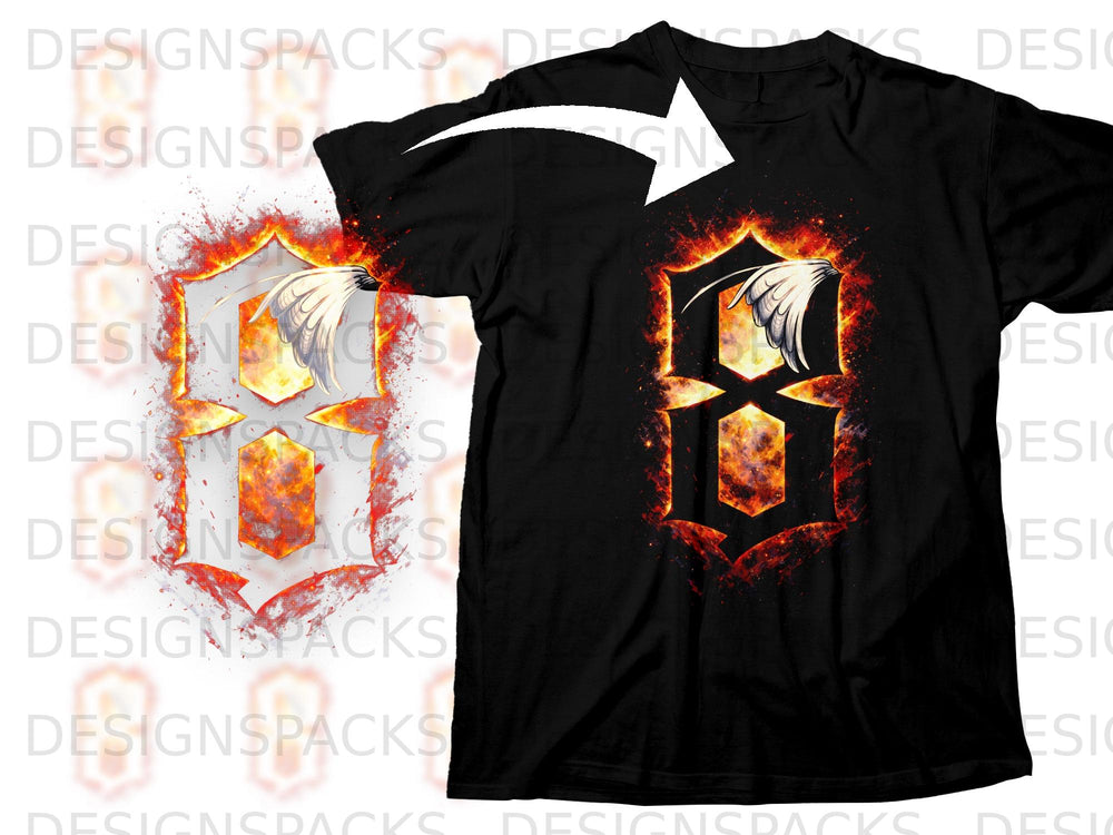 Black t-shirt with fiery shield design and white wings.