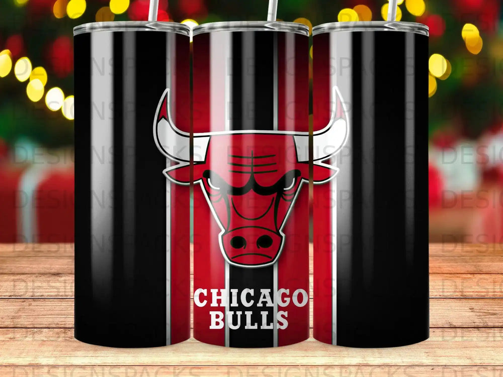 Chicago Bulls logo on a black and red striped tumbler.