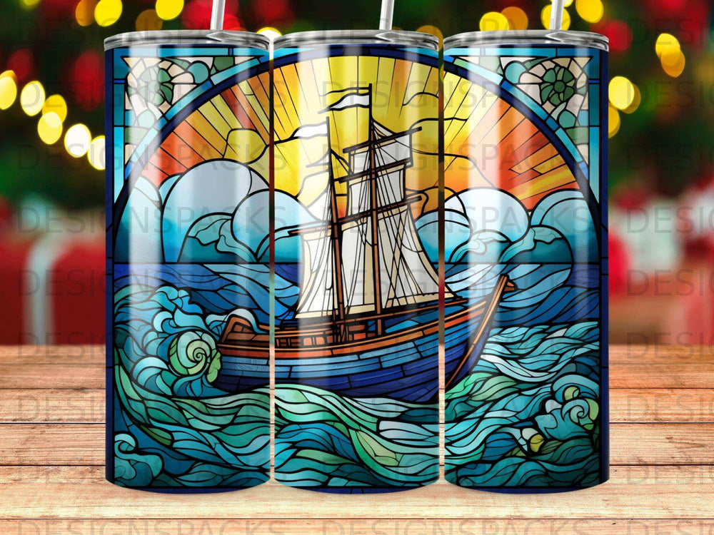 Stained glass sailboat on a wavy sea under a bright sun.