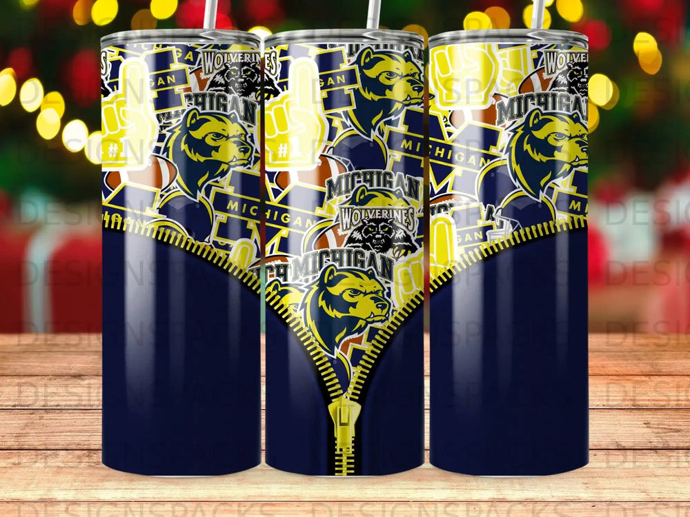 Blue tumbler with a Michigan Wolverines logo and a zipper graphic.