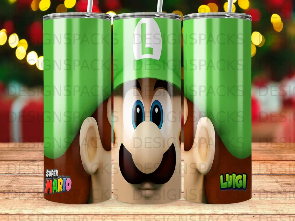 Mario and Luigi characters on tumblers with "Super Mario" and "Luigi" text.