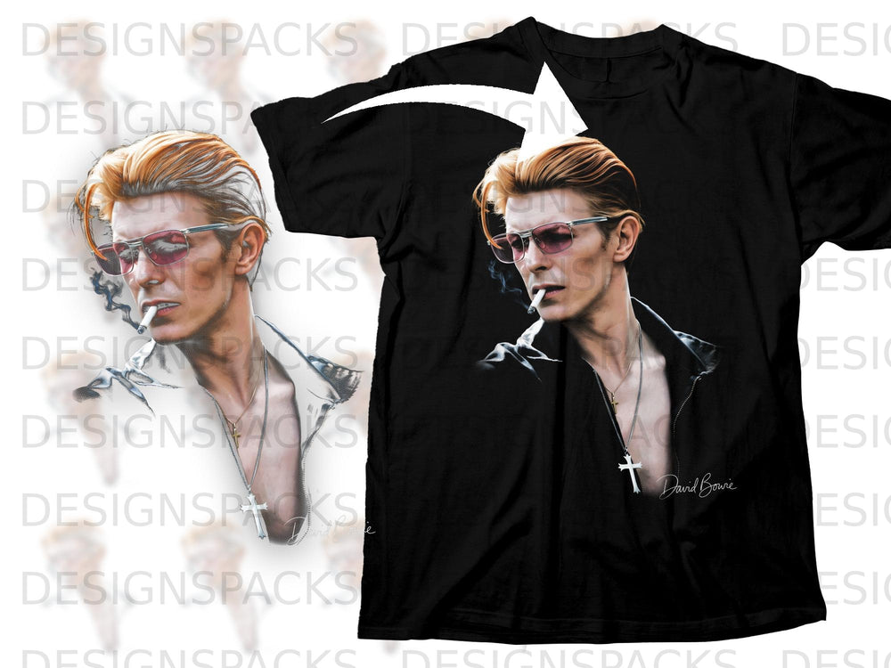 Black t-shirt with David Bowie artwork, featuring smoking and sunglasses.