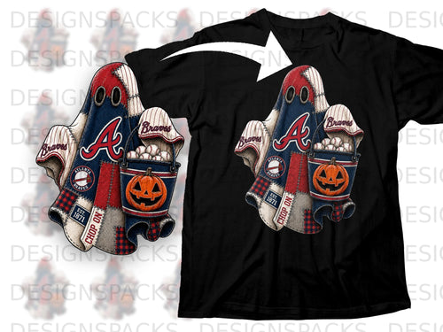 Atlanta Braves ghost design with Halloween pumpkin and baseball bucket on black t-shirt.