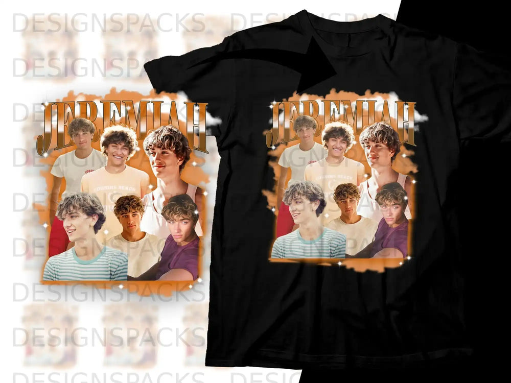 Jeremiah boys with "Cousins Beach" and "Lifer" text on black t-shirt mockup.