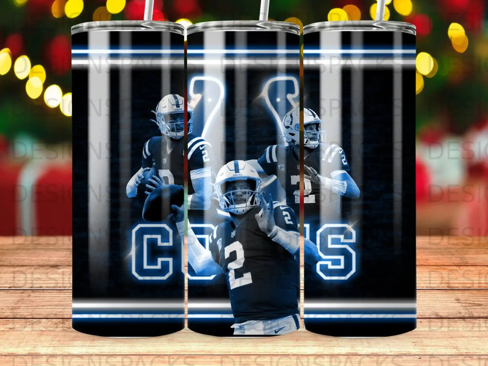 Indianapolis Colts players on a blue and white striped background.