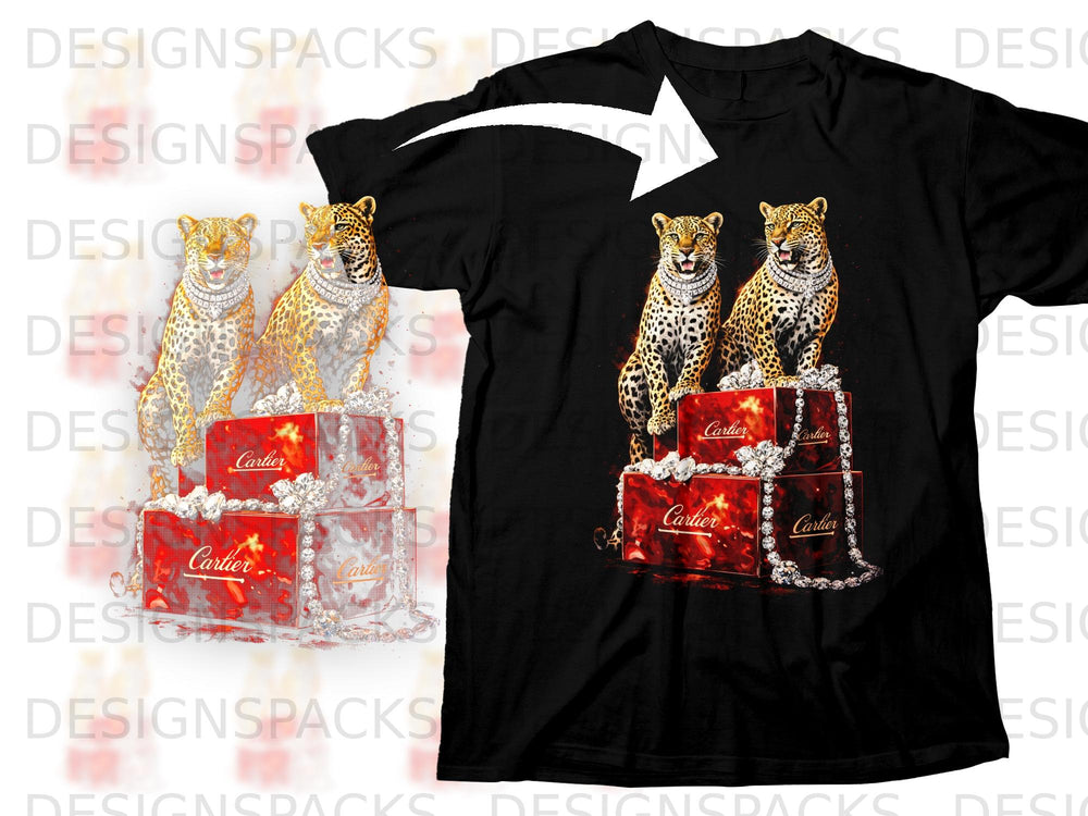 Black t-shirt with two jeweled leopards sitting on Cartier boxes.