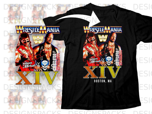 WrestleMania XIV t-shirt featuring Shawn Michaels and Stone Cold Steve Austin.