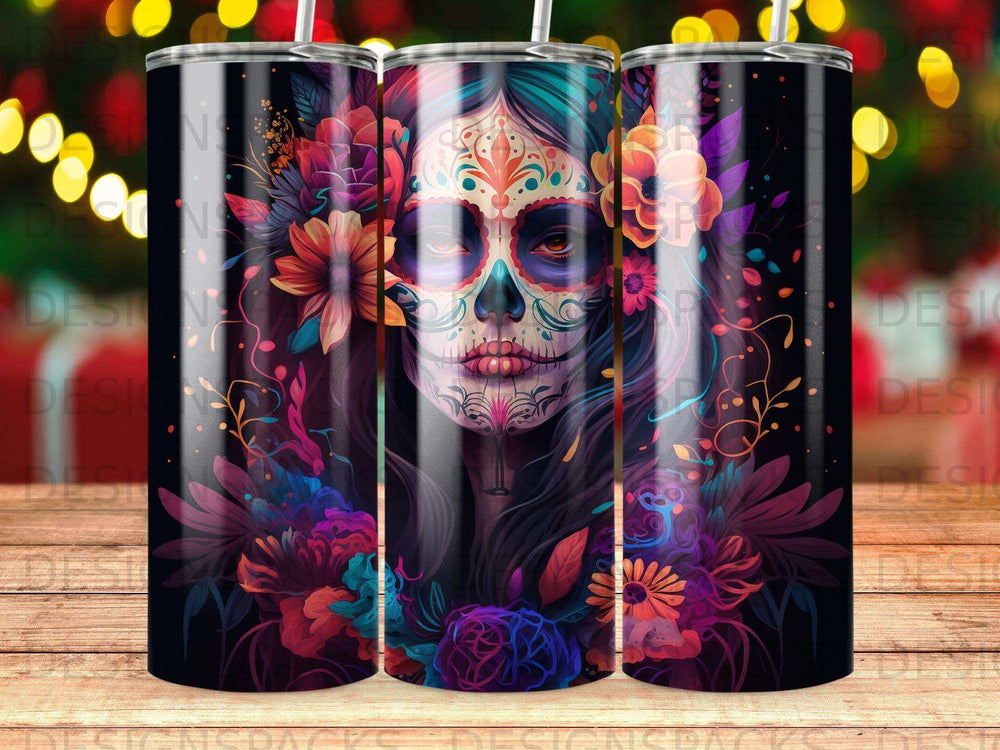 Sugar skull woman with colorful flowers and dark background.