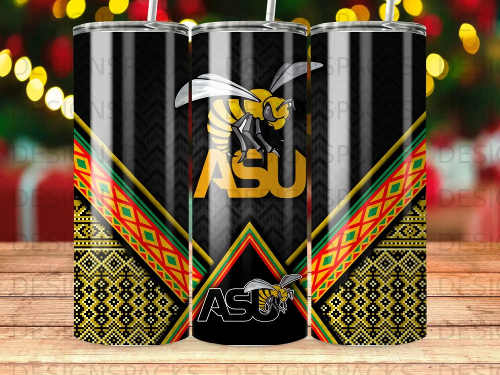 Black tumbler with ASU logo and bee mascot on patterned background.