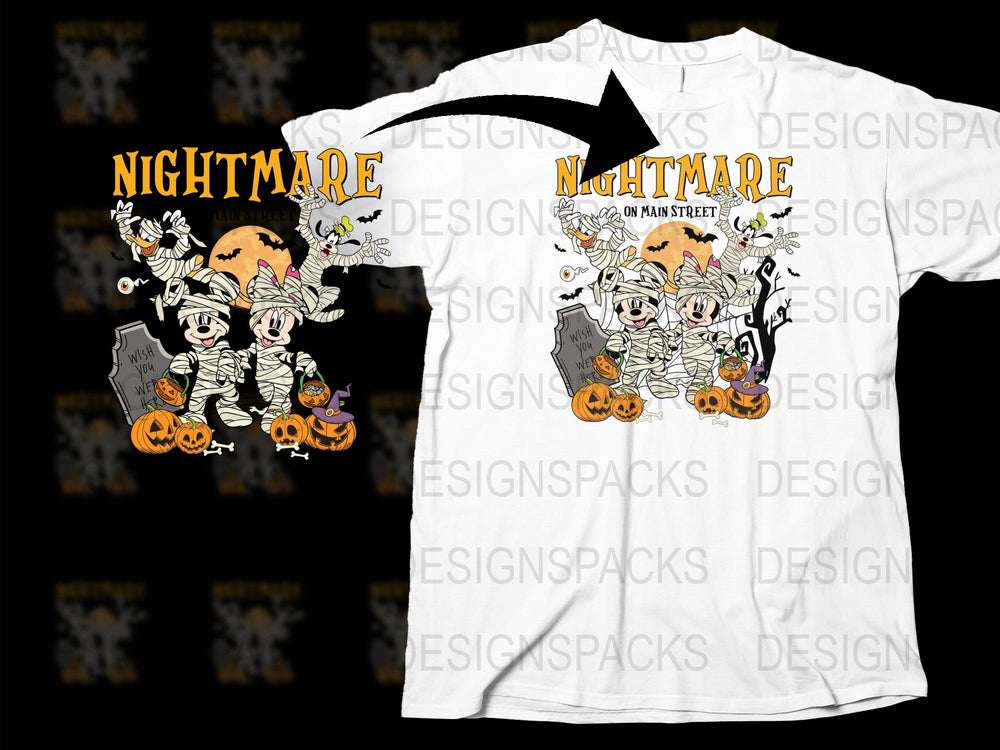 Nightmare on Main Street Halloween T-Shirt, Spooky Cartoon Graphics, Unisex White Tee with Pumpkin and Ghost Design