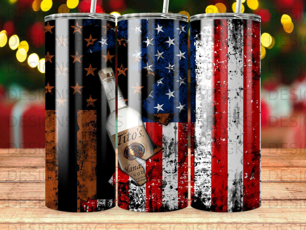 Tito's Handmade Vodka tumbler with distressed American flag design.