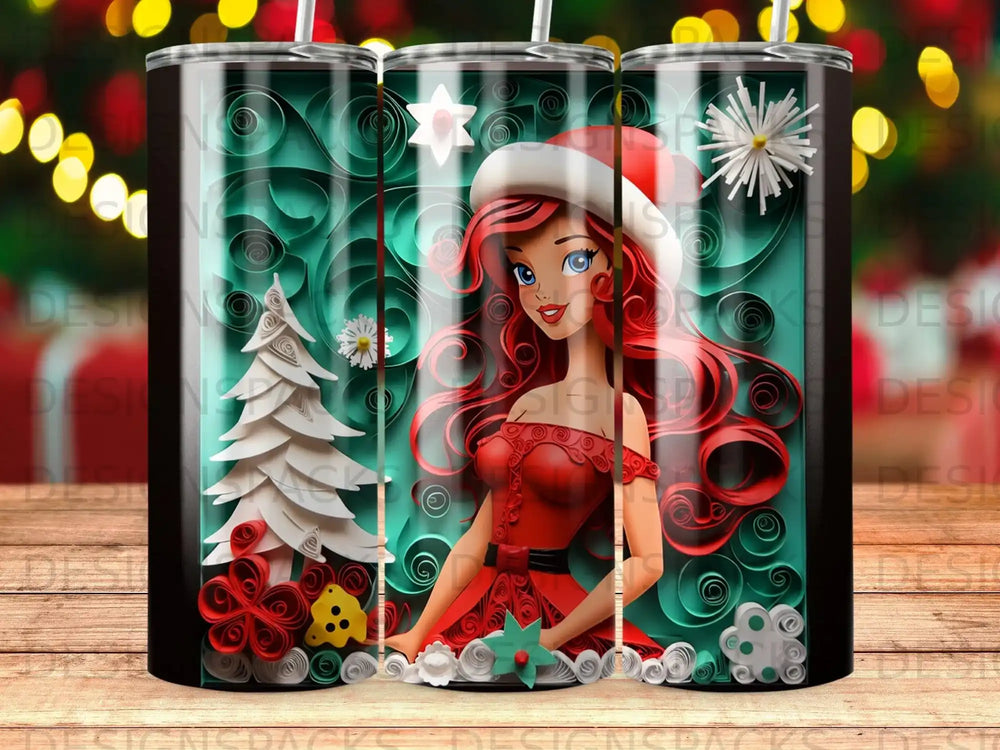 Ariel in a red dress, with a Christmas tree, snowflakes, and festive lights.