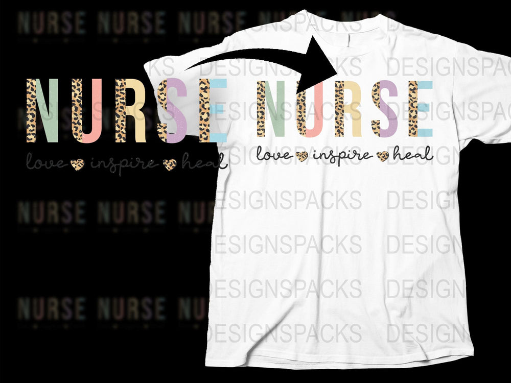 Nurse T-Shirt with Inspirational Words, Love Inspire Heal, Leopard Print, Gift for Nurses, Healthcare Worker Tee