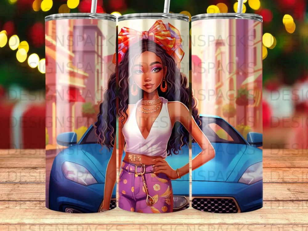 Woman in purple shorts and white top with a blue car, repeated pattern.