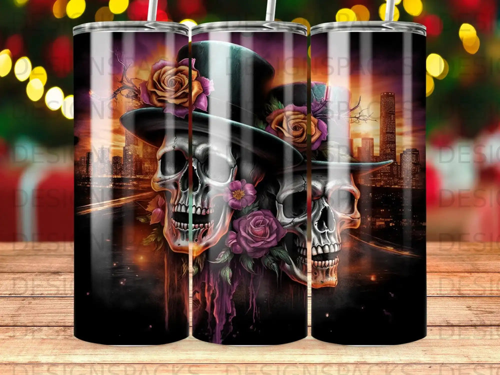 Two skulls in hats with roses, against a city skyline.