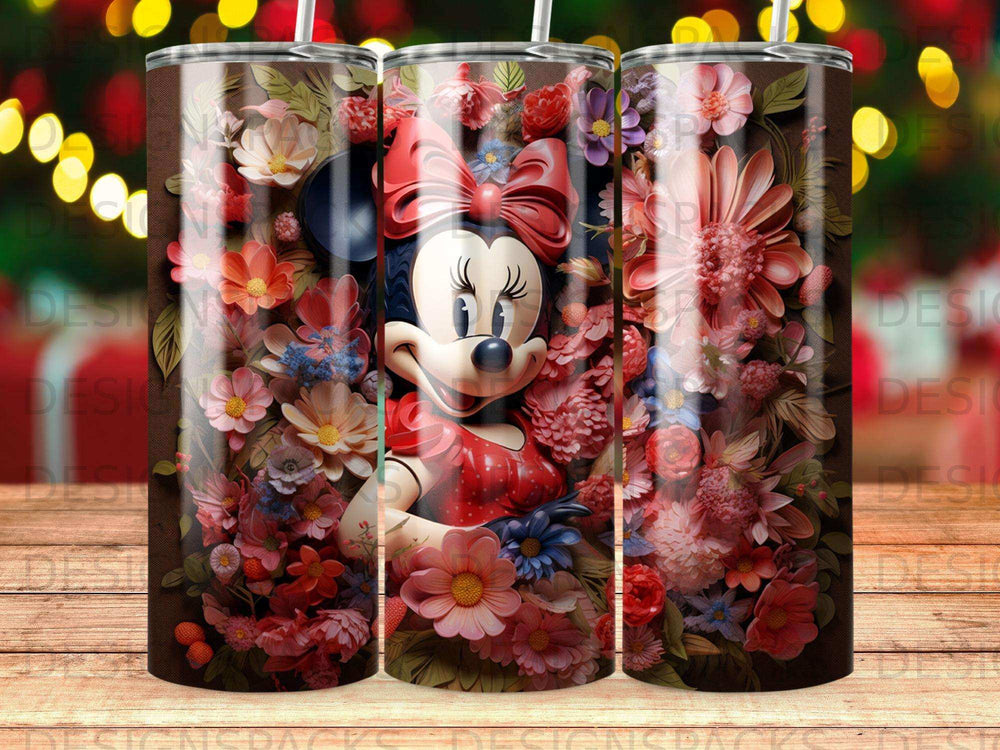 Minnie Mouse surrounded by a vibrant floral pattern on a tumbler.