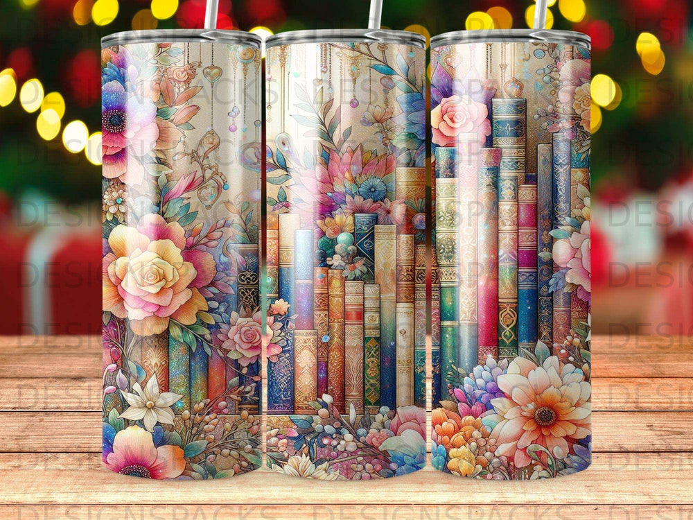 Tapered tumbler with a vibrant floral and book spine pattern.