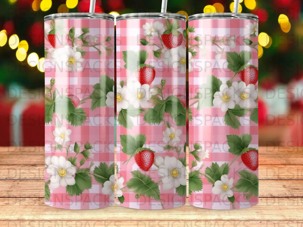 Pink gingham background with strawberries and white flowers, showing a tumbler design.