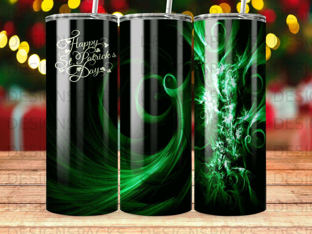Three green tumblers with abstract swirling patterns and "Happy St. Patrick's Day".