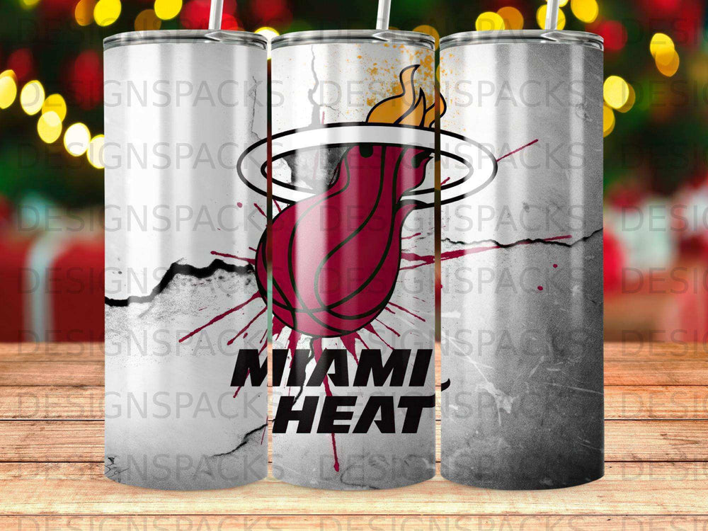 Miami Heat logo on three tumblers, two partially visible.