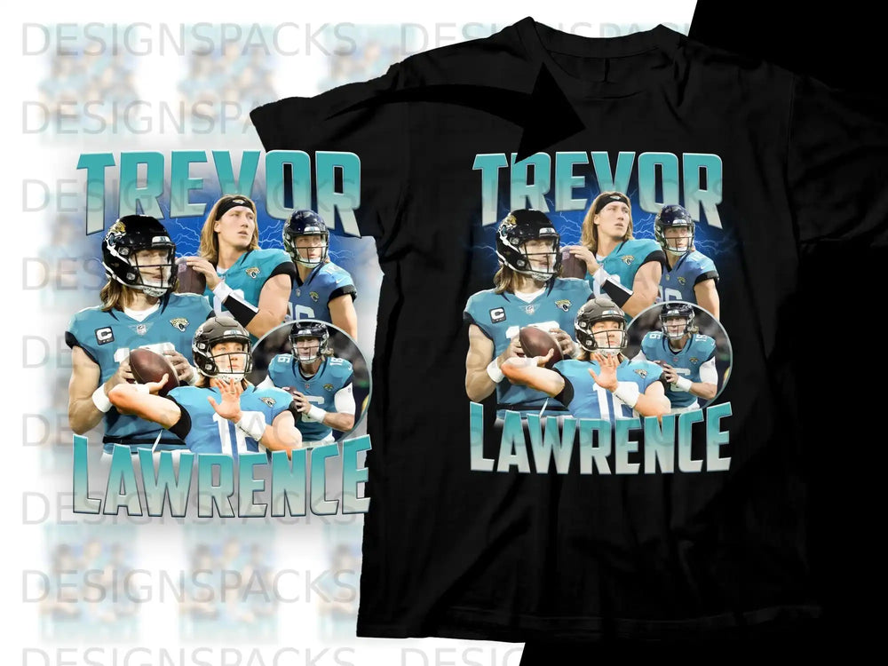 Trevor Lawrence in Jacksonville Jaguars uniform holding football with team logo.