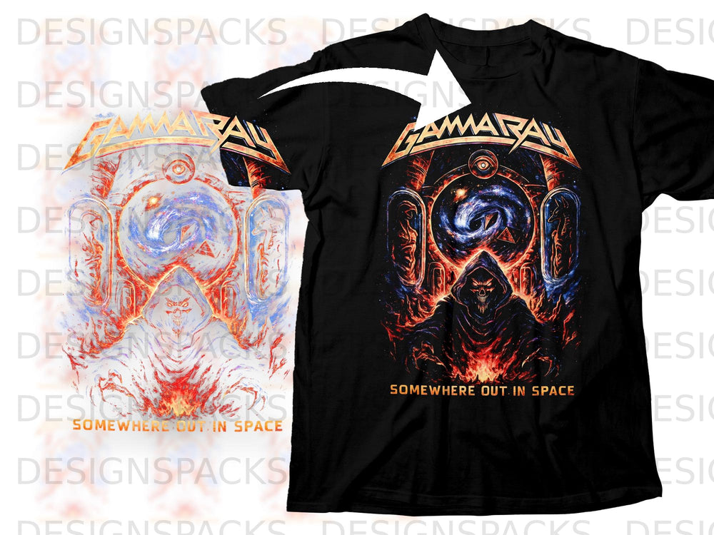 Black t-shirt with Gamma Ray logo and grim reaper in space graphic.