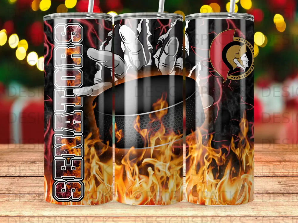 Ottawa Senators tumbler with fiery background and team logo.
