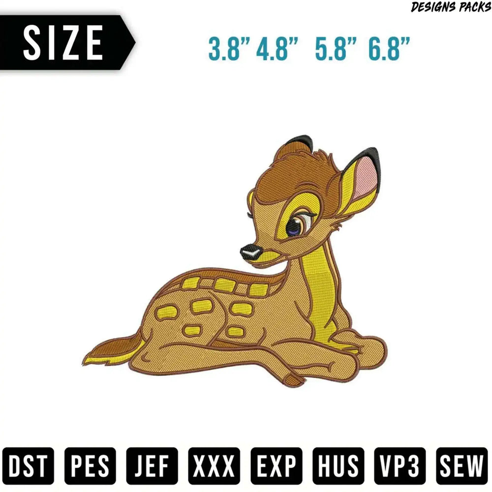 Embroidered Bambi deer design with size and file format options.