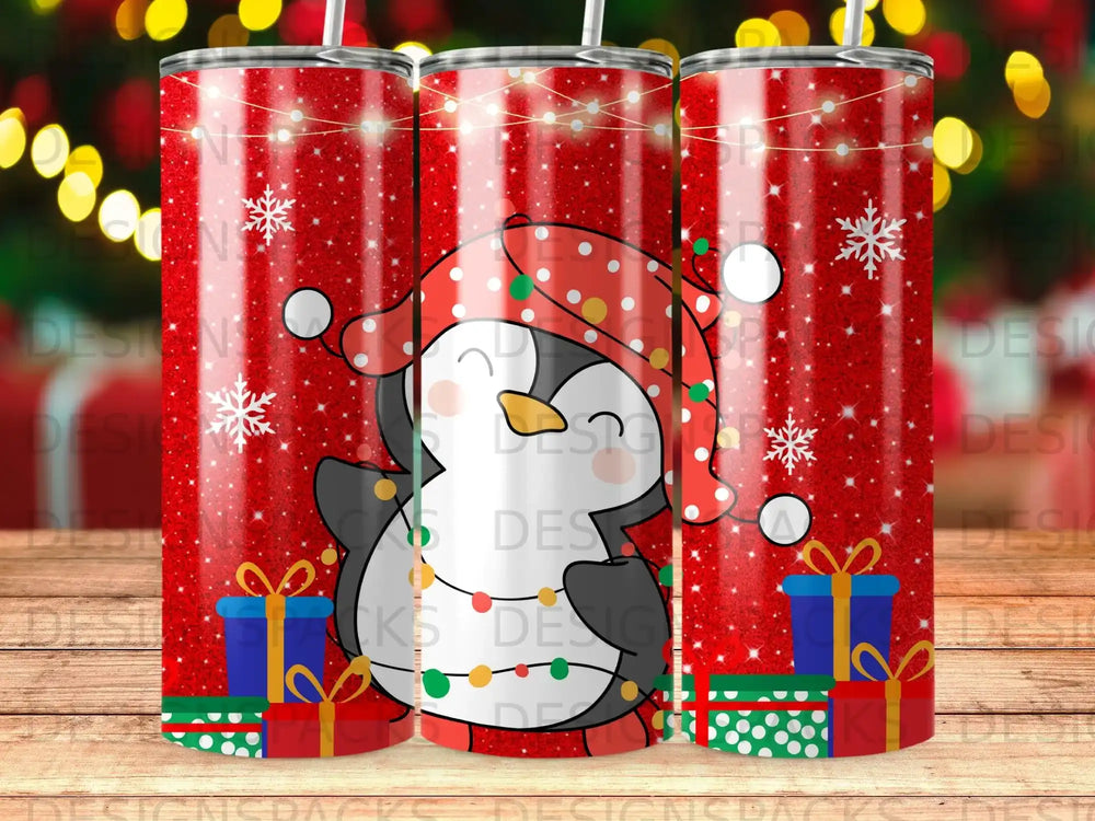 Christmas penguin in a Santa hat with presents and festive lights.