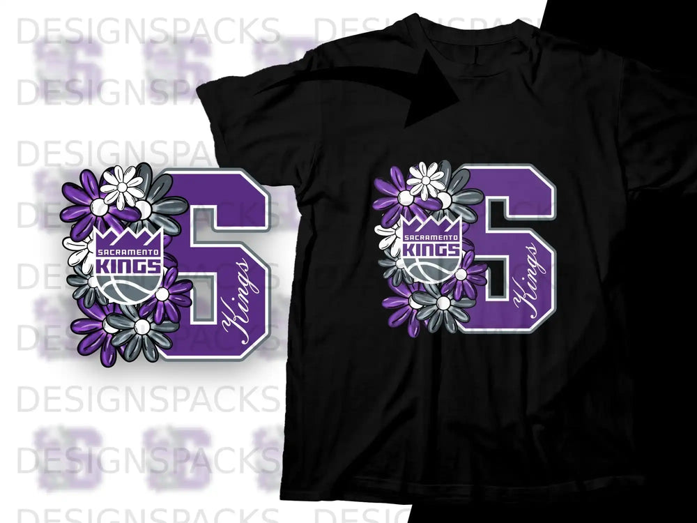 Black t-shirt with purple "5" and "Kings" text, surrounded by flowers.