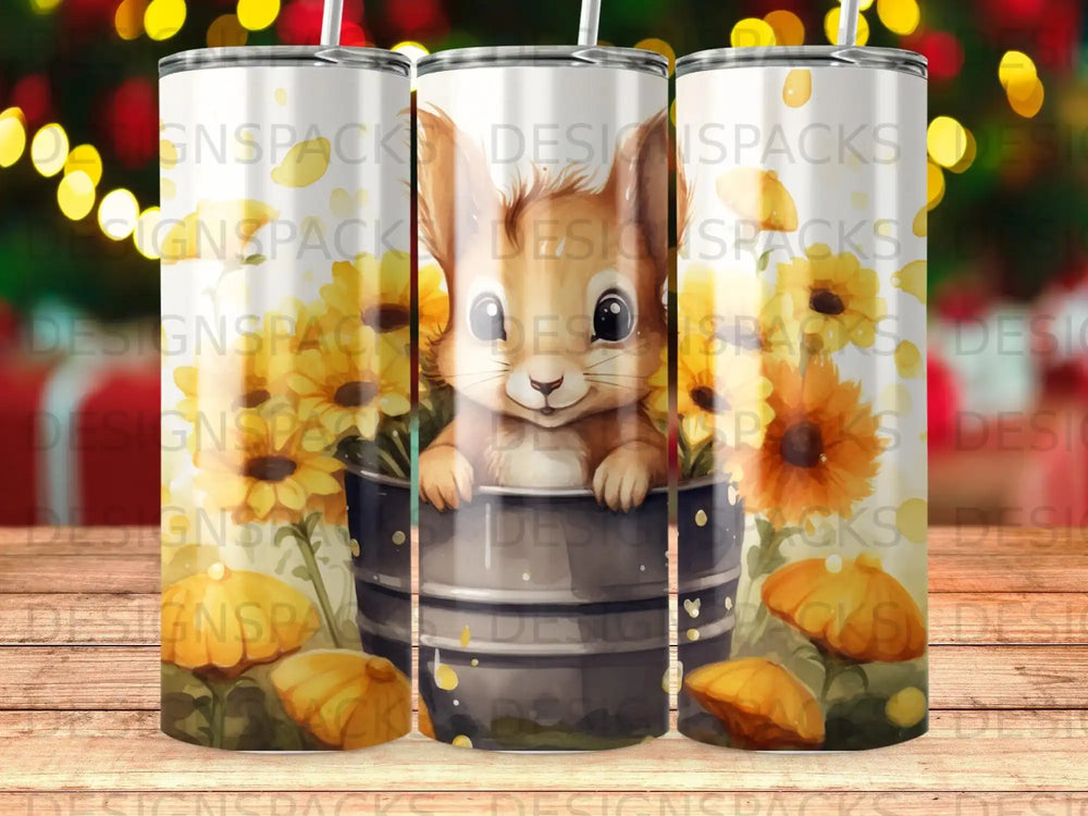 Squirrel in a bucket of sunflowers with patterned background.