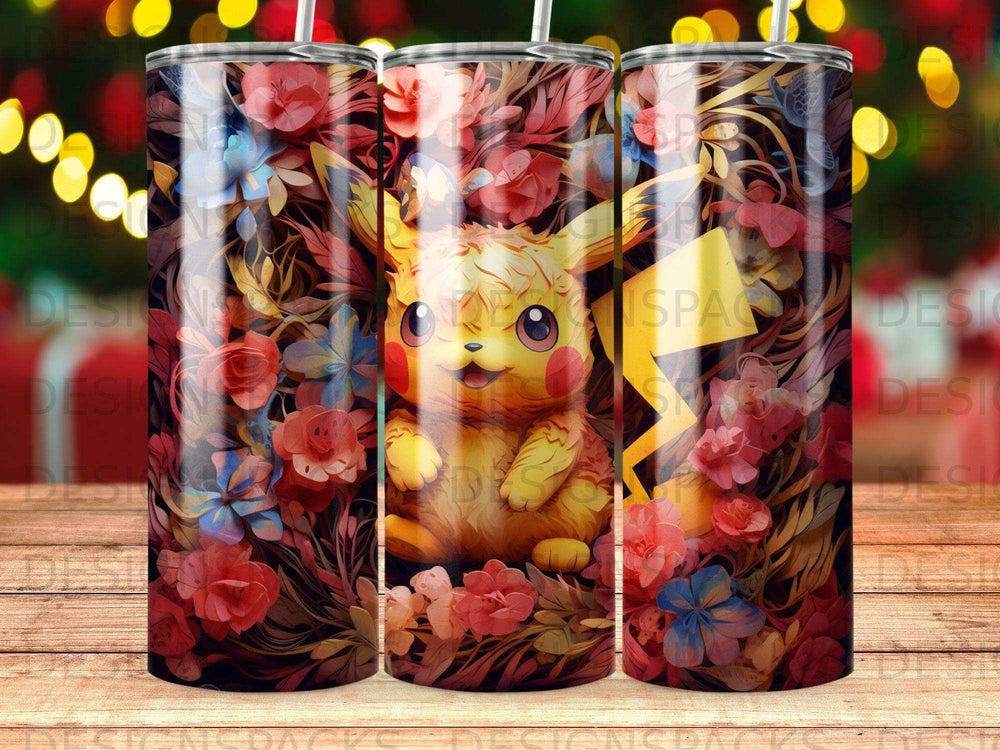 Pikachu among floral patterns, with stylized Pokémon logos.