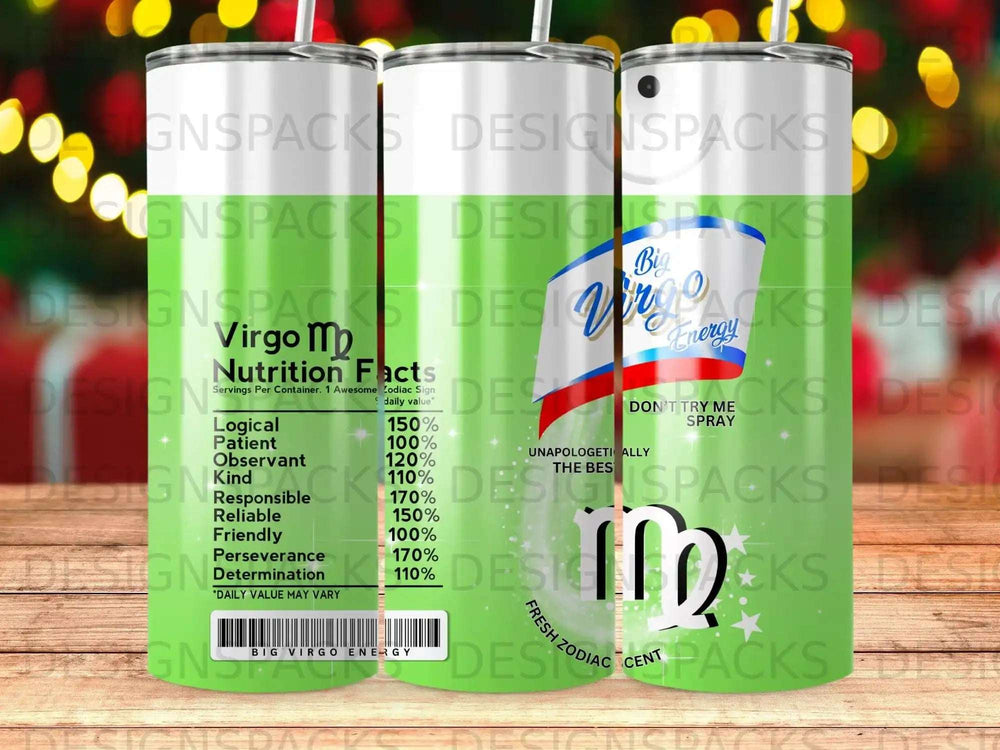 Virgo zodiac sign tumbler with "Big Virgo Energy" text and nutrition facts.