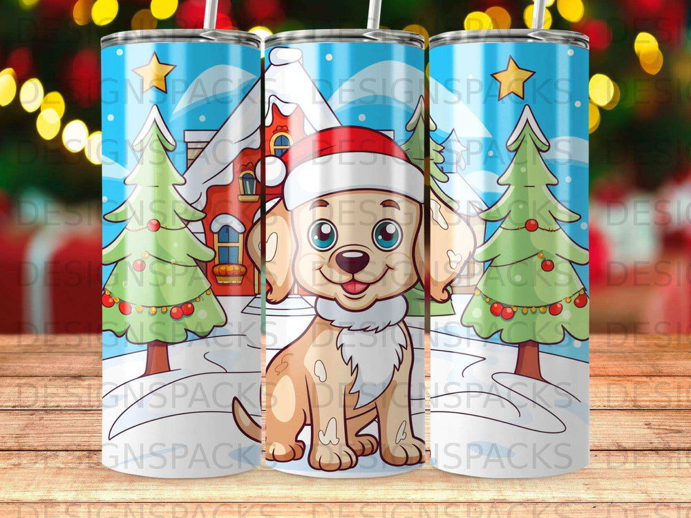 Cartoon dog in Santa hat, holding gift, with snowy house and trees.