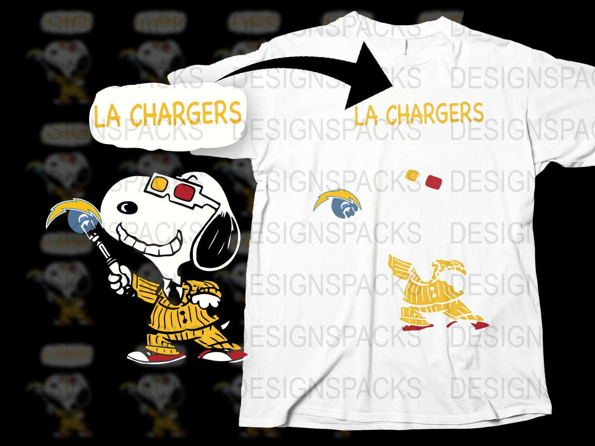 LA Chargers Snoopy Themed T-Shirt, Cartoon Dog Football Fan Gear, Unisex White Graphic Tee with Logo.