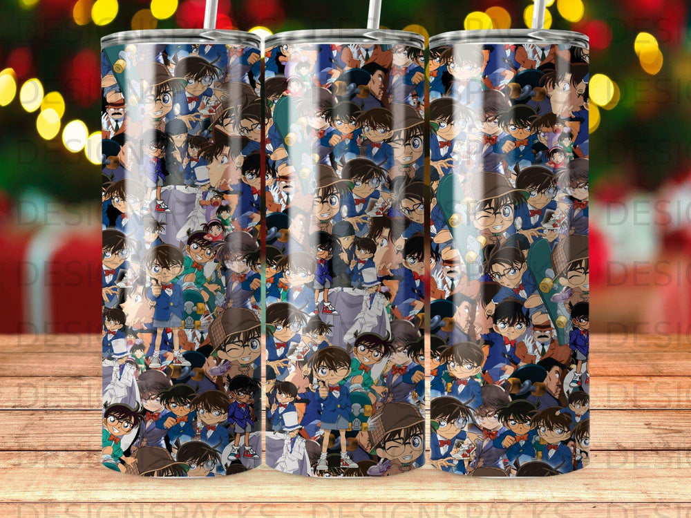 Collage of cartoon characters from the anime Detective Conan on a blue tumbler.
