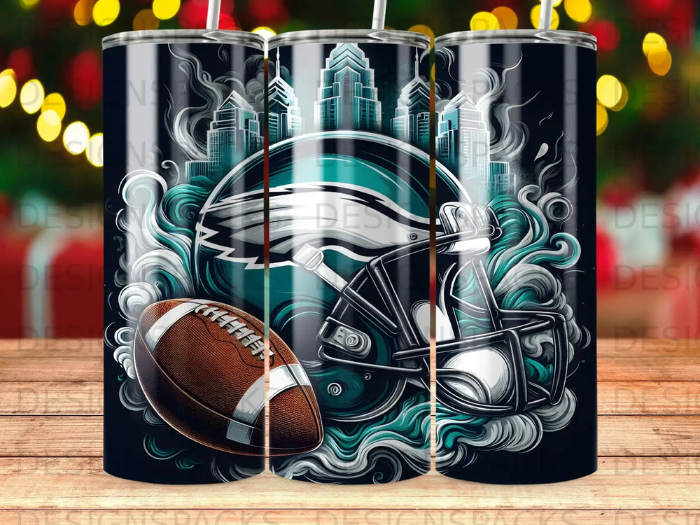 Philadelphia Eagles helmet and football with cityscape, on a dark background.