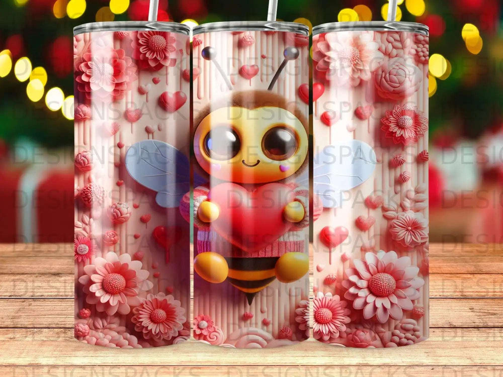 Cute bee with heart and flowers on a striped tumbler.