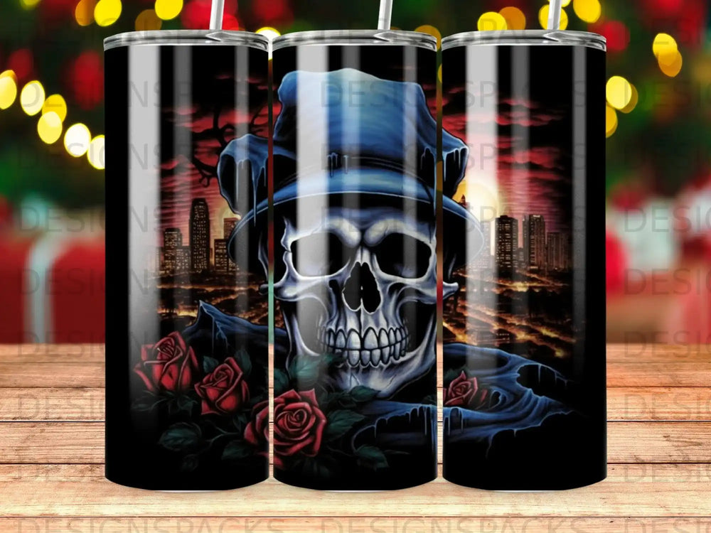 Skull wearing a top hat surrounded by roses and a city skyline.