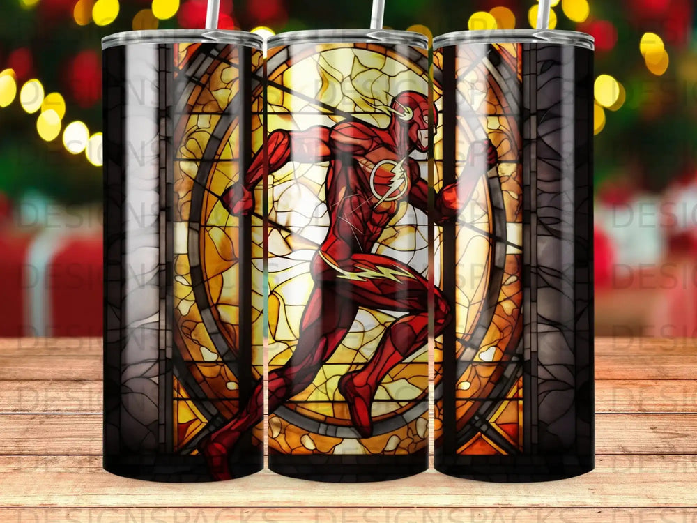 The Flash running through a stained-glass window with Christmas lights in background.