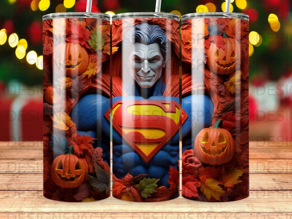 Superman in costume surrounded by autumn leaves and pumpkins.