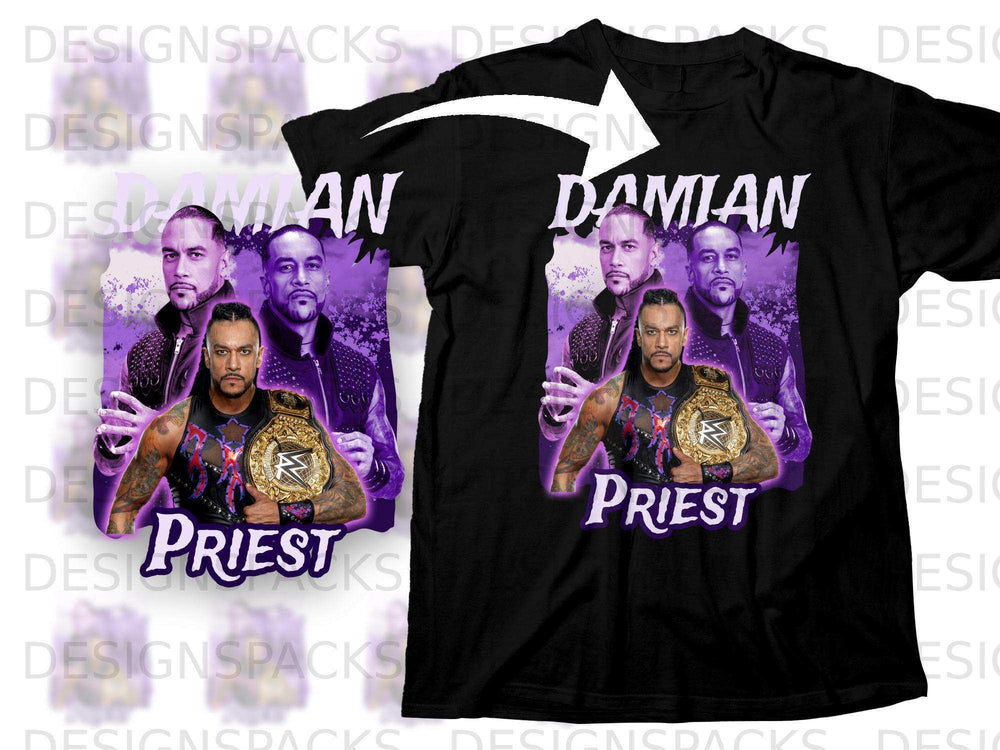 Black t-shirt featuring Damian Priest with wrestling championship belts.