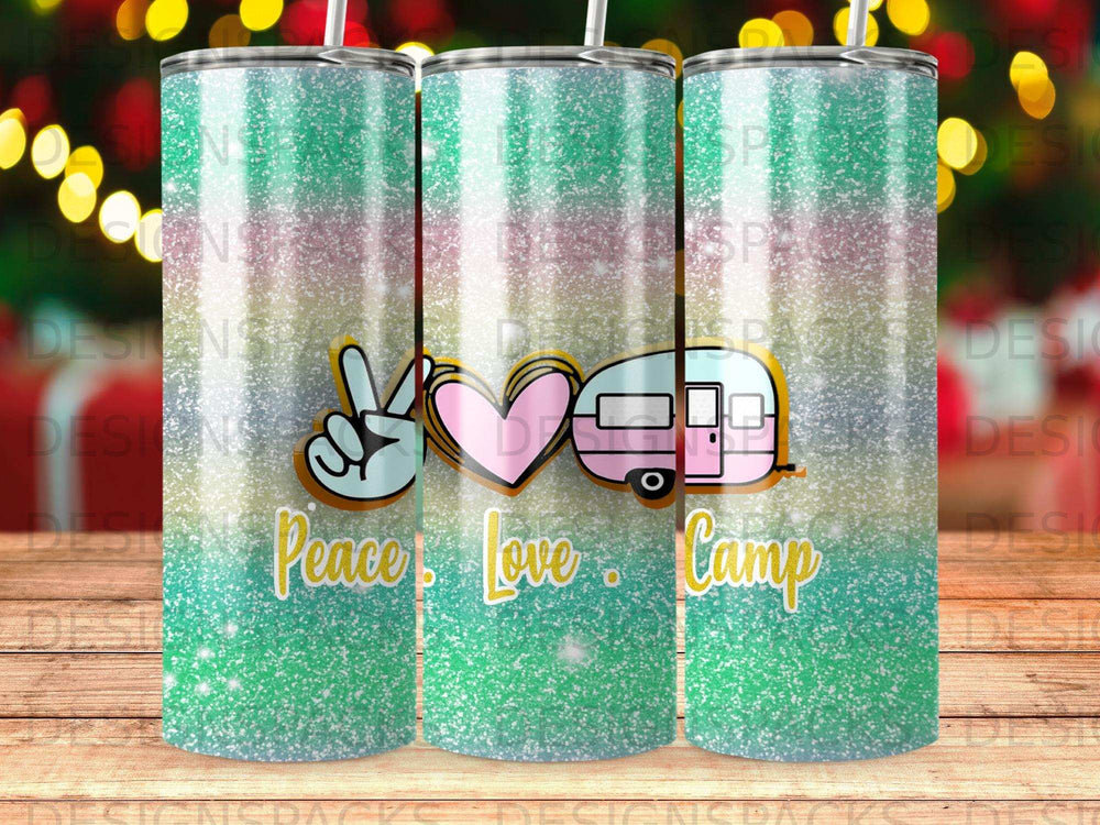 Peace love camp design on glittery tumbler with three straws.