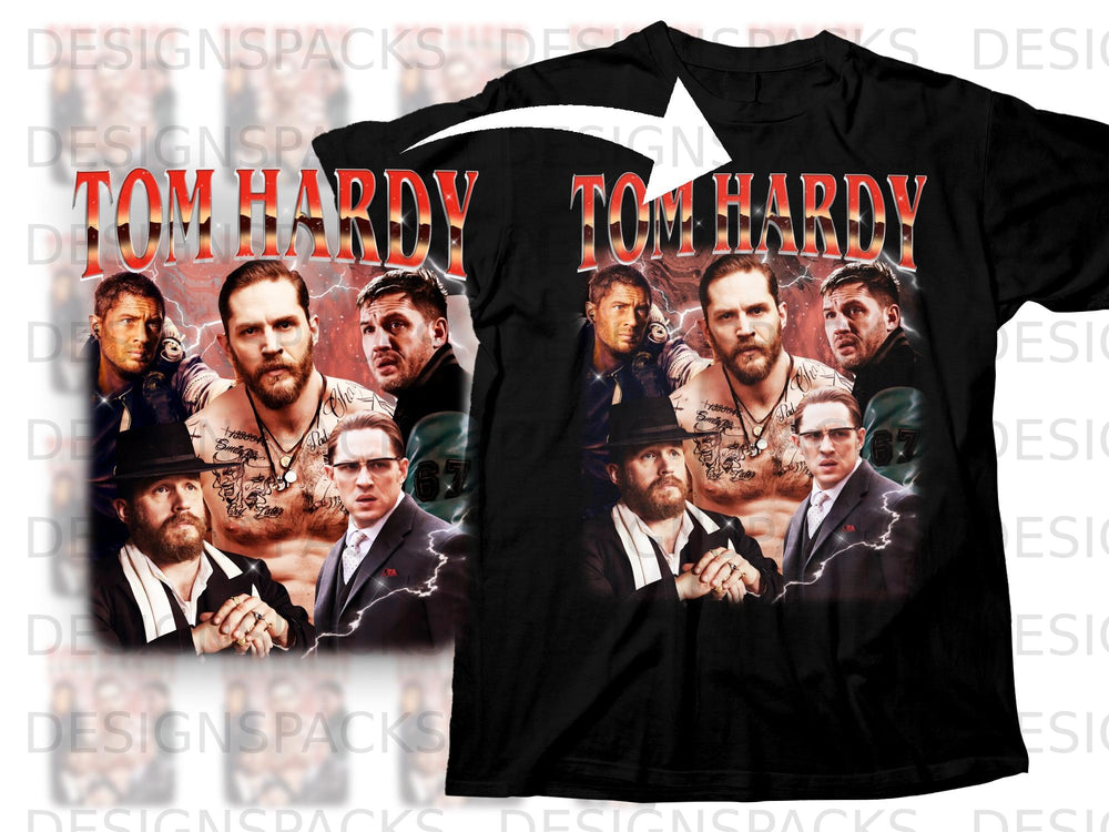 Black t-shirt with "Tom Hardy" text and collage of images of Tom Hardy.
