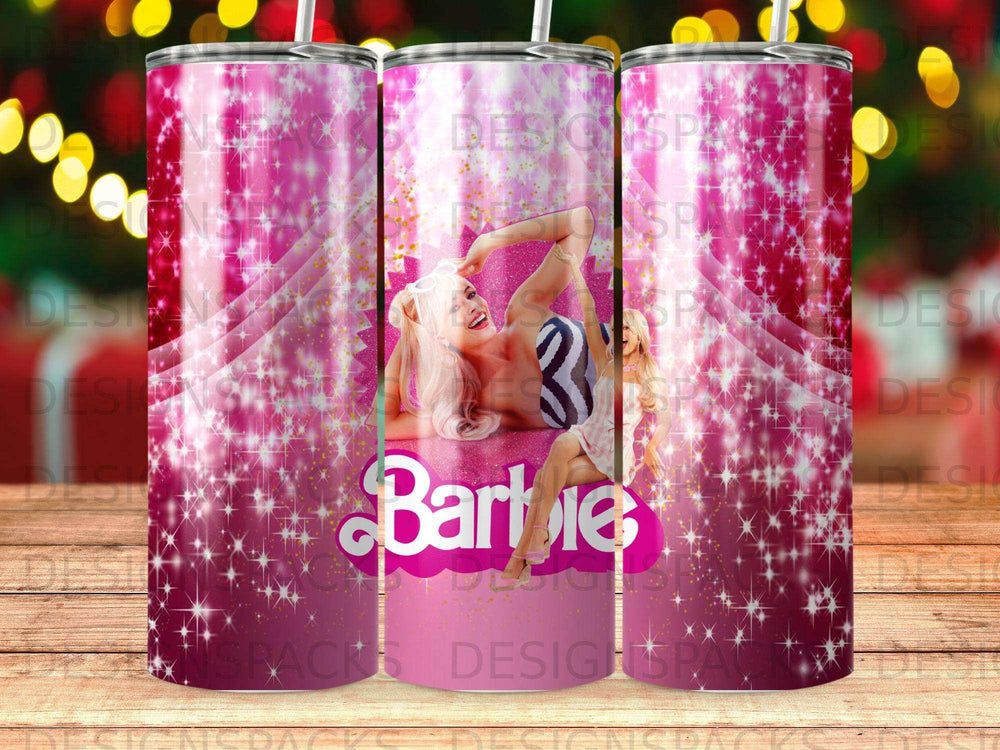 Barbie in a pink swimsuit and heels, surrounded by sparkles.
